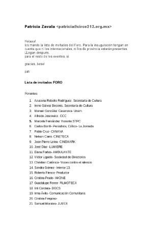 Lista de invitados Foro Iberoamericano de Cine Clubes Comunitarios 2010