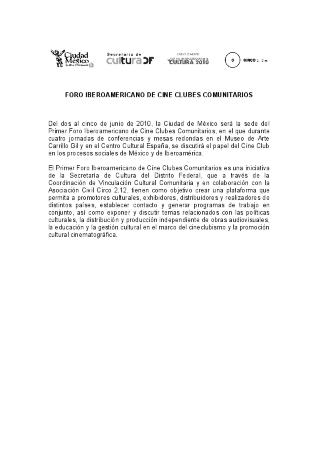 Boletín de prensa del Foro Iberoamericano de Cine Clubes Comunitarios en su primera edición 2010