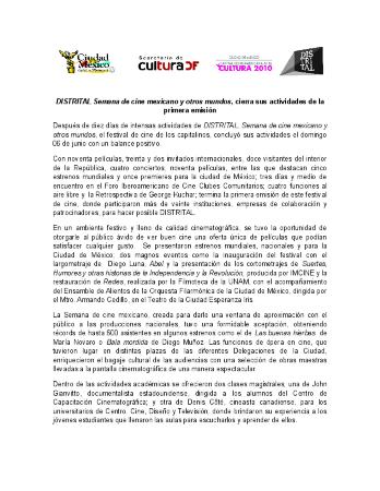 Boletín de prensa del cierre del Festival DISTRITAL, Semana de Cine Mexicano y Otros Mundos en 2010