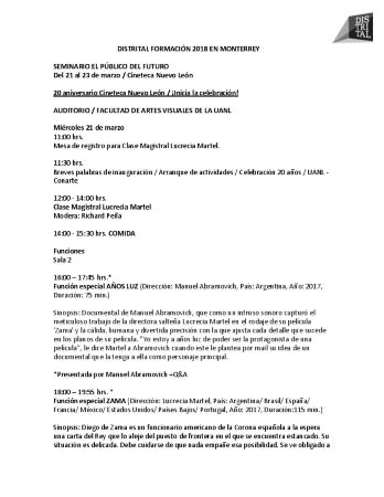 Programa del Seminario El Público del Futuro 2018 en Cineteca Nuevo León