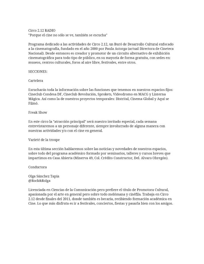 Descripción del proyecto Circo 2.12 RADIO